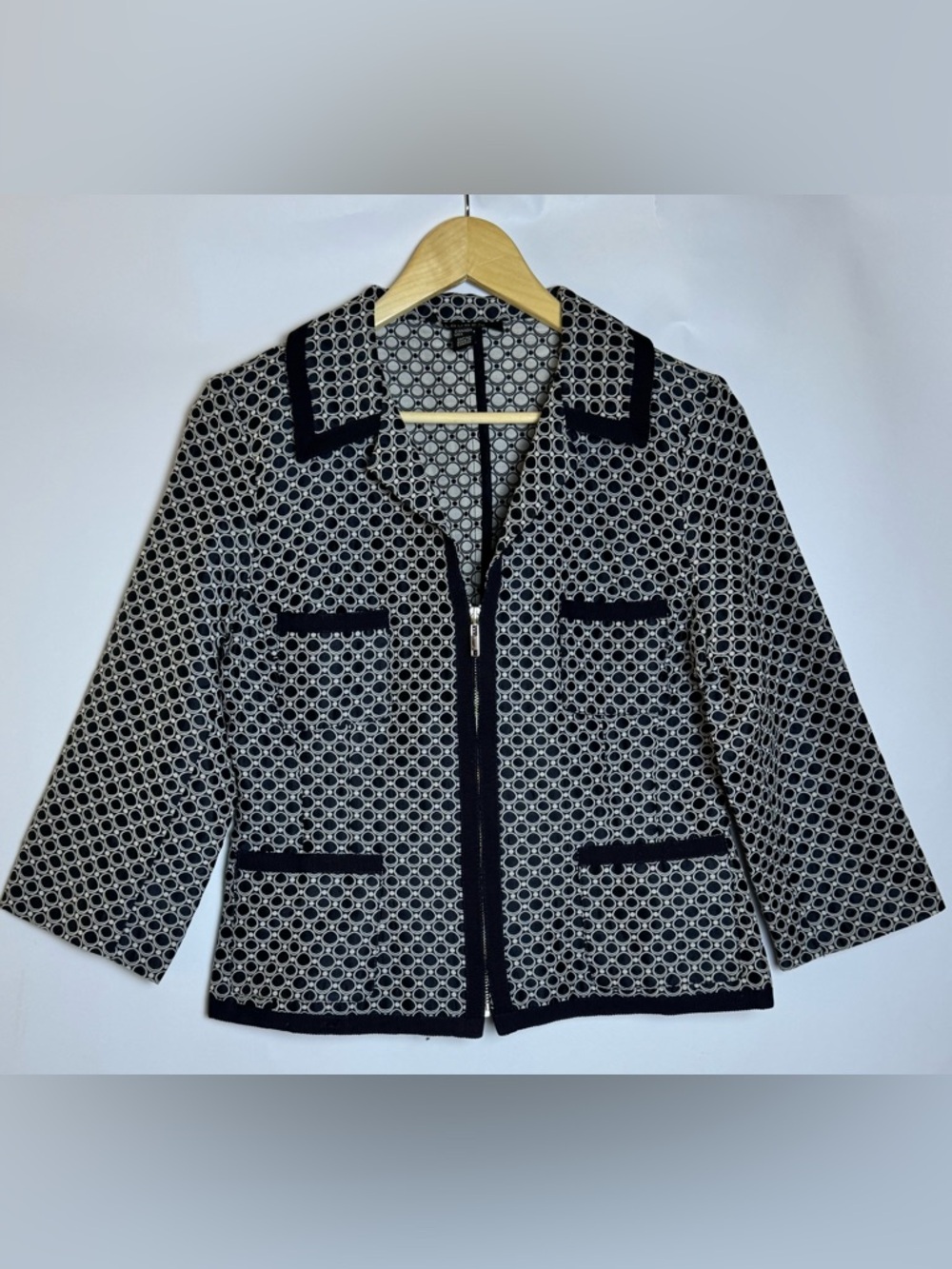 Louben Cropped Navy Geometric Jacket Size 6